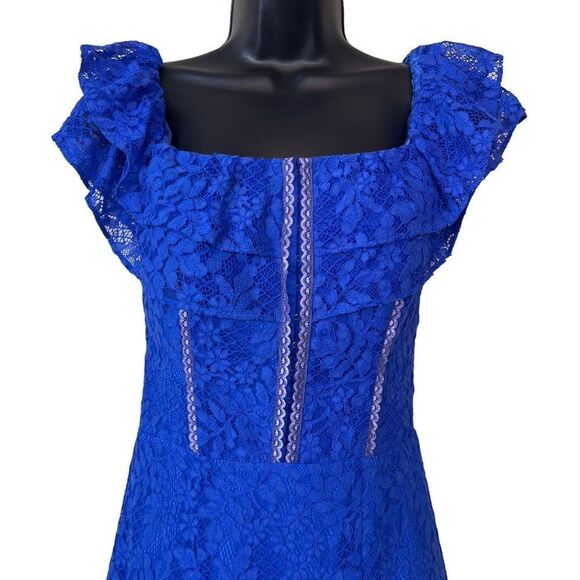 BEBE Cobalt Blue Lace CORSET Inspired Off the Shoulder DRESS - Picture 2 of 15